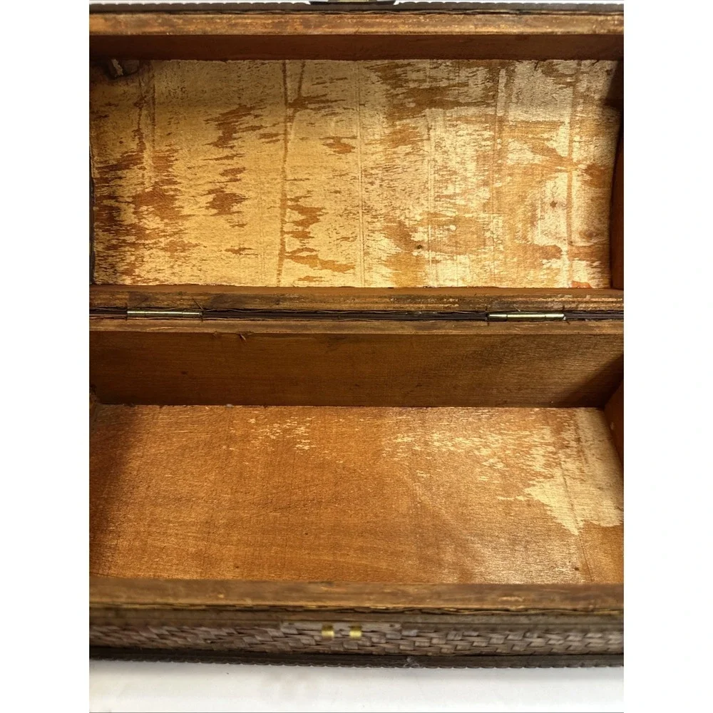 Woven Wooden Treasure Chest Storage Box w/ Metal Handle & Latch, Brown